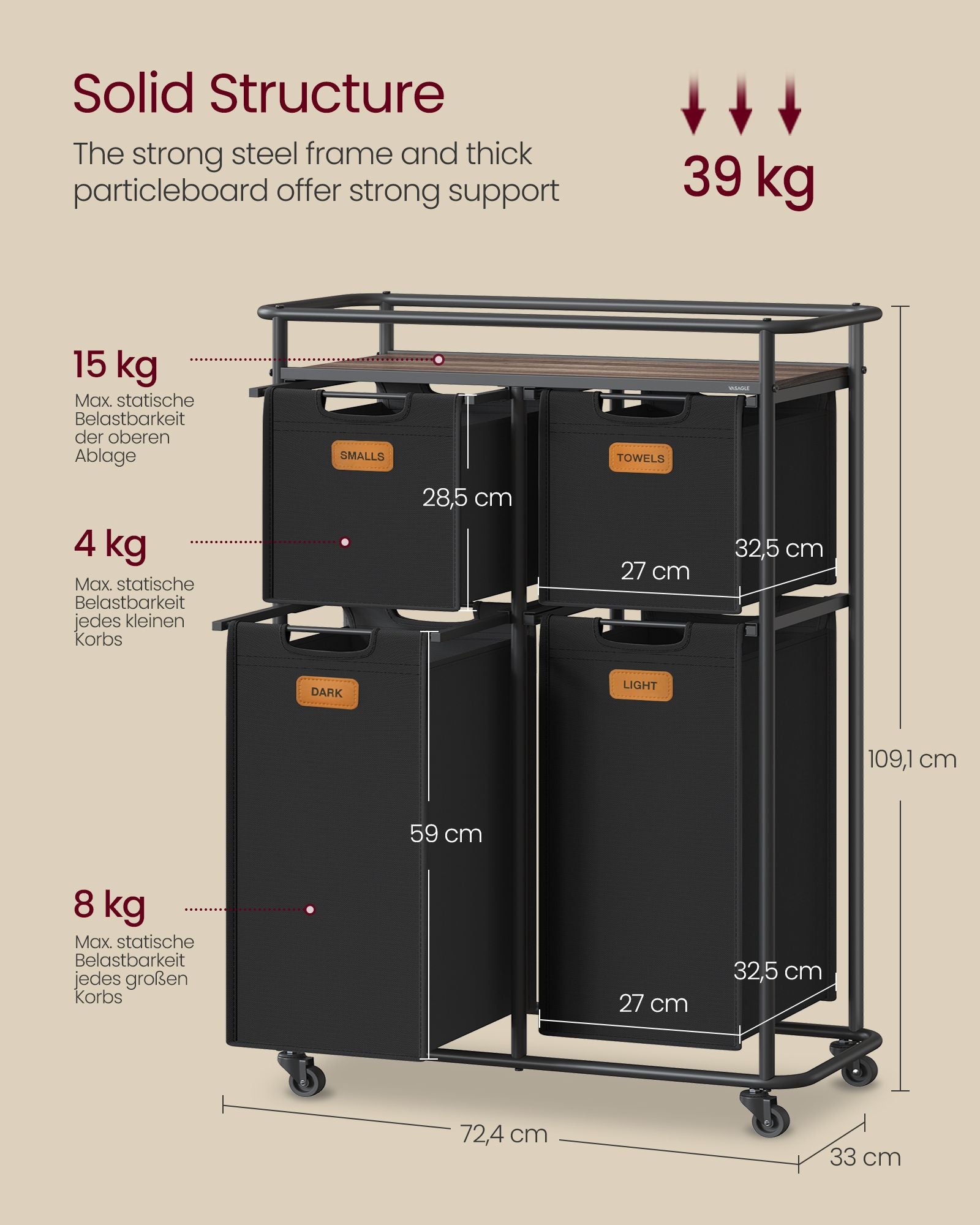 Wasser mit Rädern und 4 abnehmbaren Taschen