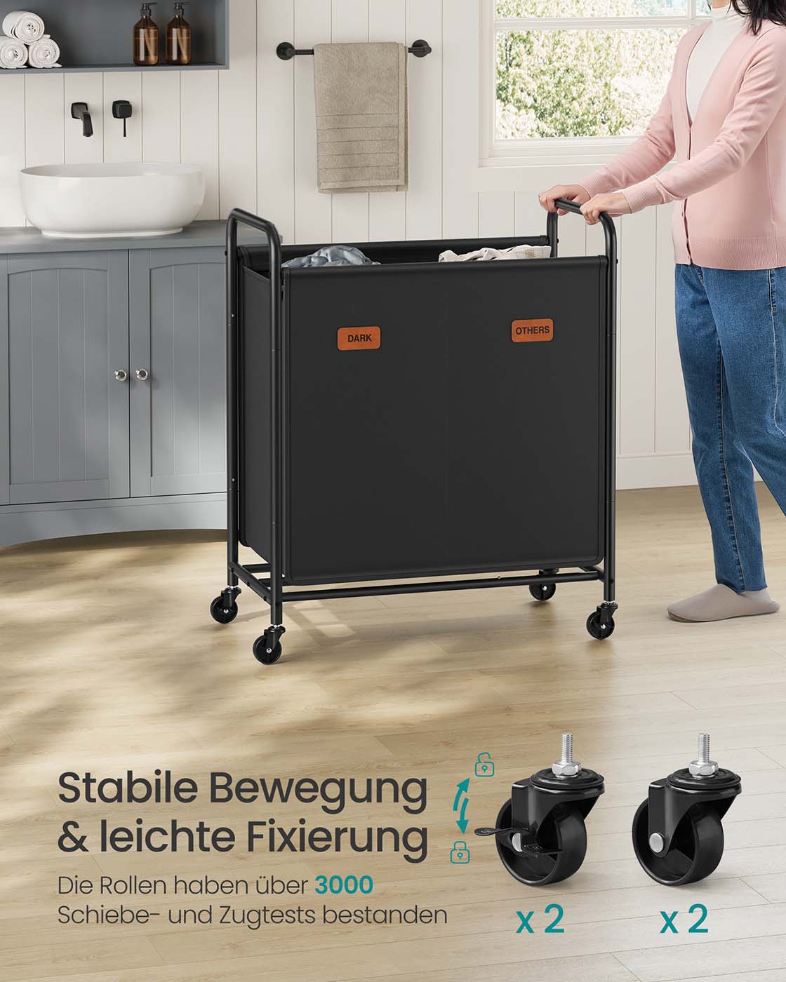 Wäscherei Korb 140 l mit Rädern und 2 Fächer -Tinten -Black