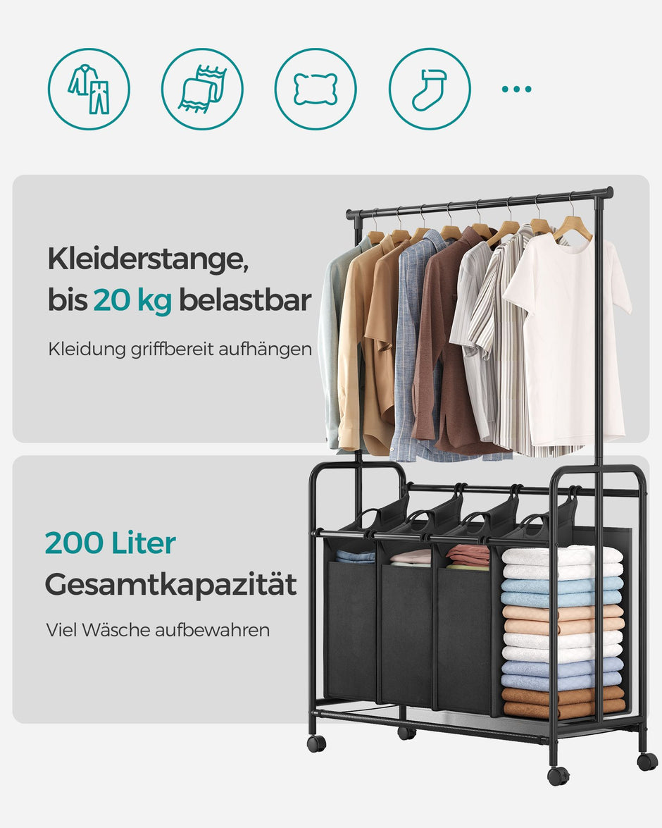 Wäschereikorb - 4 x 50 Liter - auf Rädern - mit abnehmbarer Wäscheltasche - Schwarz