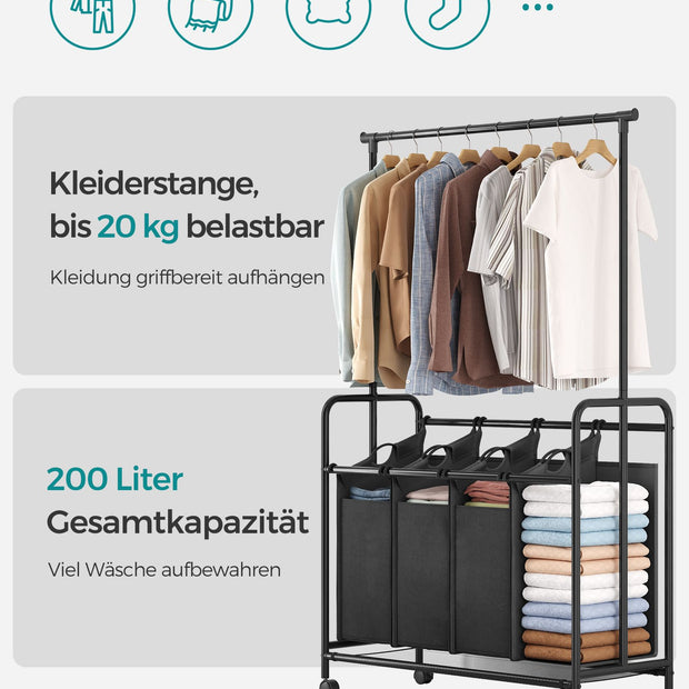 Wäschereikorb - 4 x 50 Liter - auf Rädern - mit abnehmbarer Wäscheltasche - Schwarz