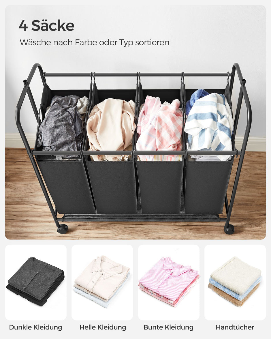 Wäschereikorb - 4 x 50 Liter - auf Rädern - mit abnehmbarer Wäscheltasche - Schwarz