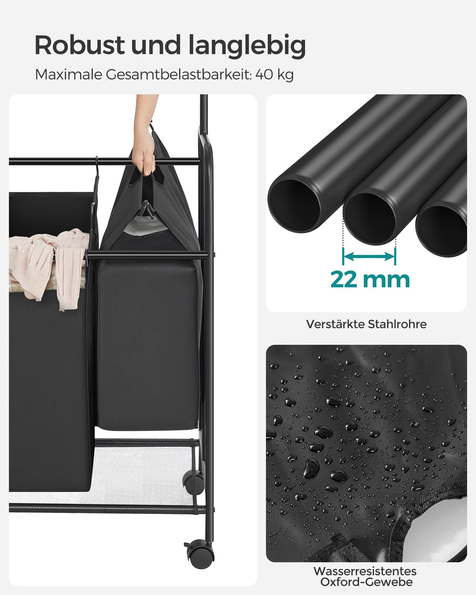 Wäschereikorb - 4 x 50 Liter - auf Rädern - mit abnehmbarer Wäscheltasche - Schwarz