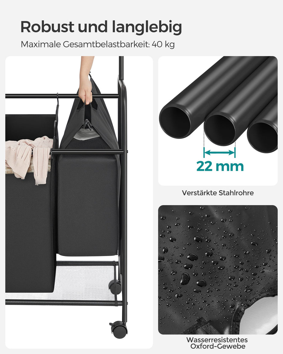 Wäschereikorb - 4 x 50 Liter - auf Rädern - mit abnehmbarer Wäscheltasche - Schwarz