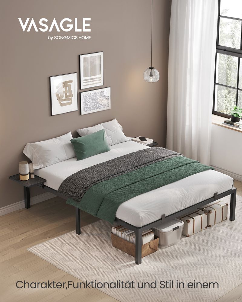 Bett - Doppelbett - mit Vorratsbrettern - 140 x 190 cm - Metallrahmen - Schwarz