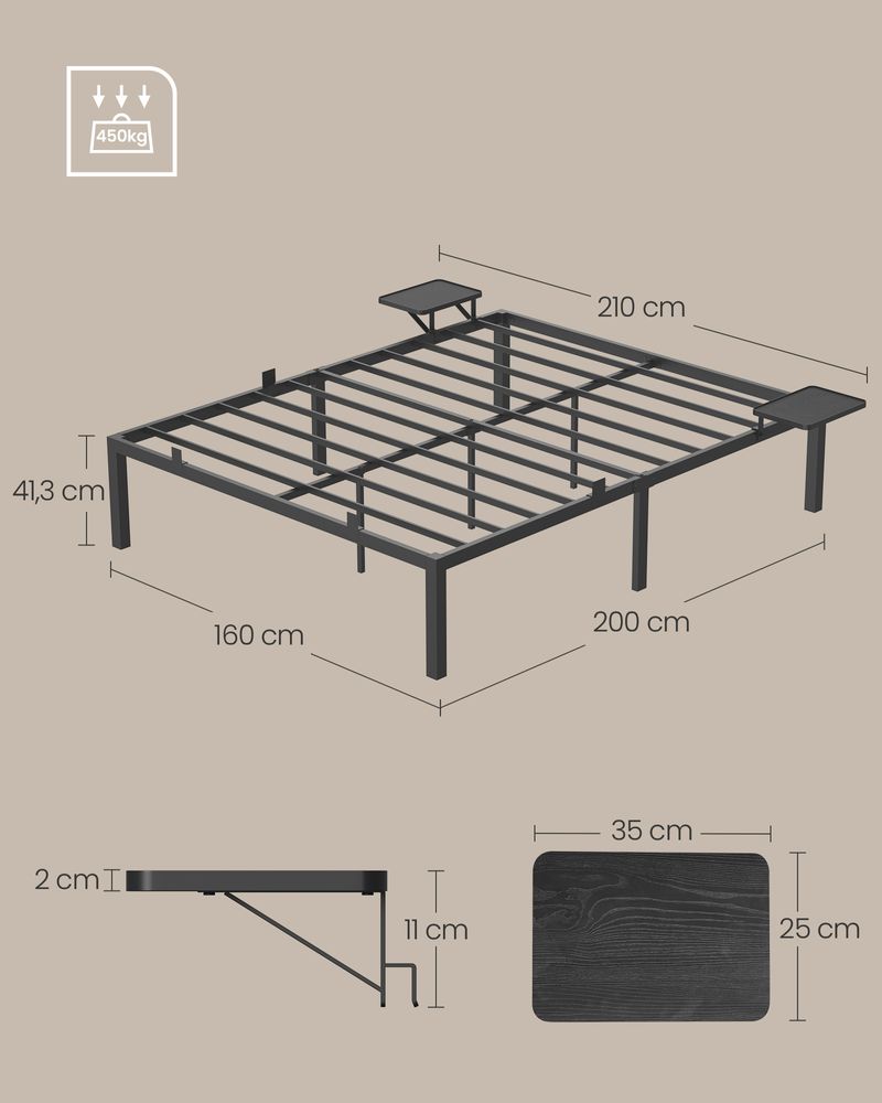 Bett - Doppelbett - mit Vorratsbrettern - 140 x 190 cm - Metallrahmen - Schwarz