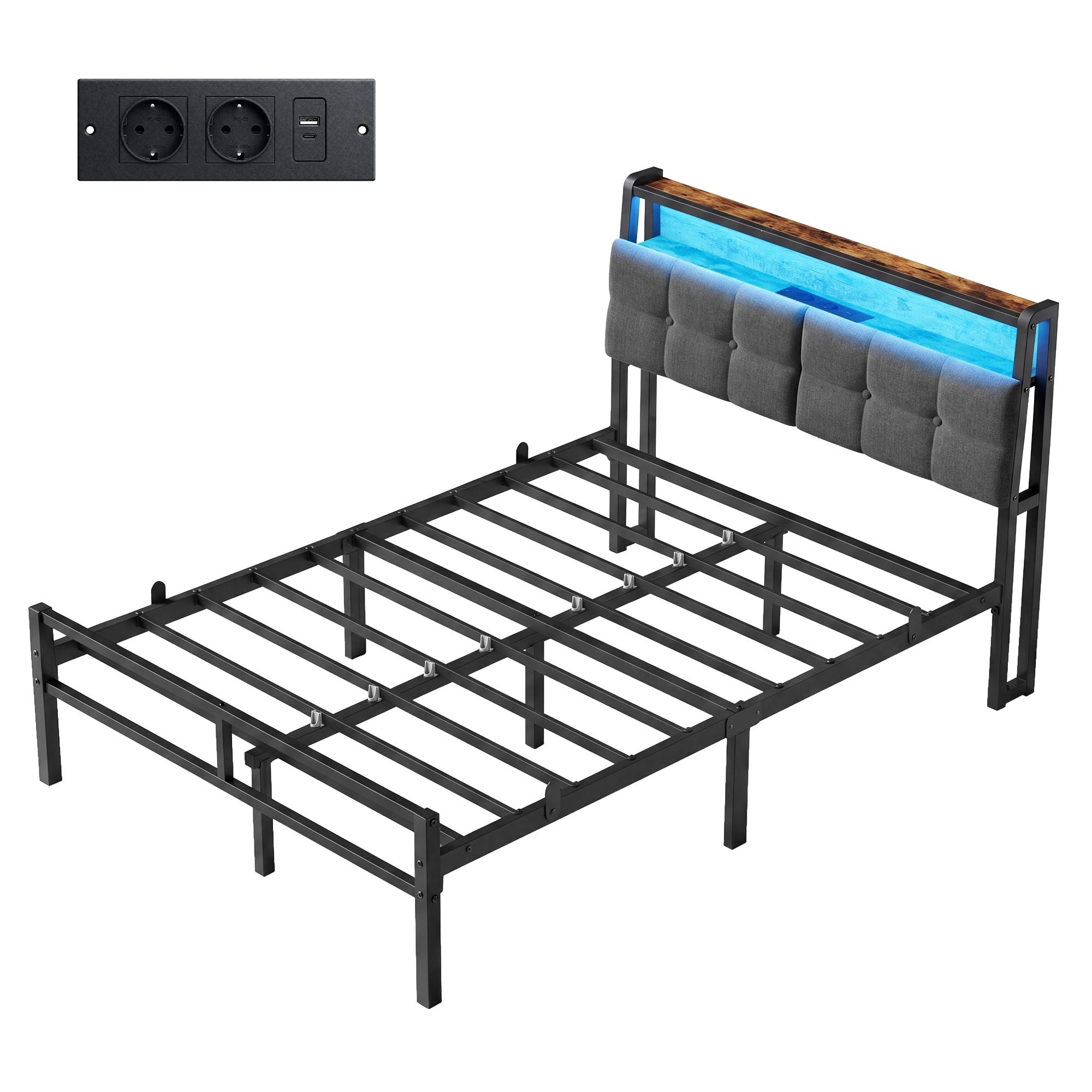 Metalen Bed - 120 x 200 cm - Met Opbergruimte - Ledverlichting - Matzwart