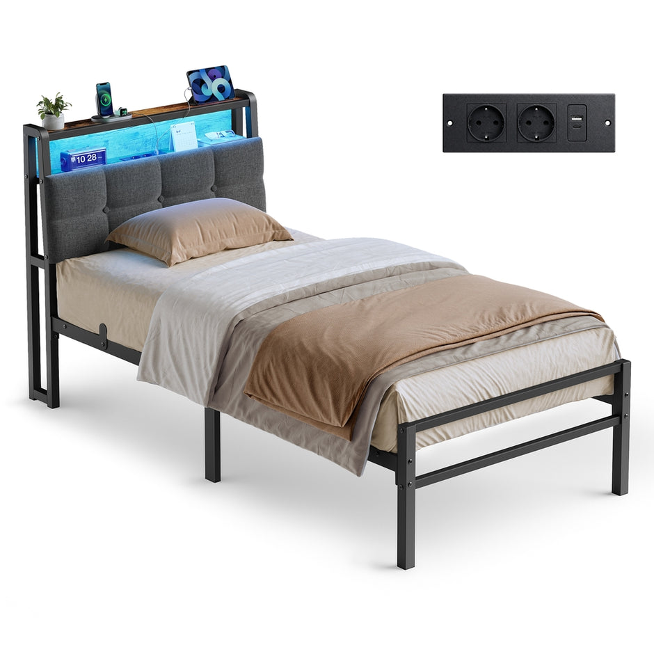 Metalen Bed - 90 x 200 cm - Met Opbergruimte - Ledverlichting - Matzwart