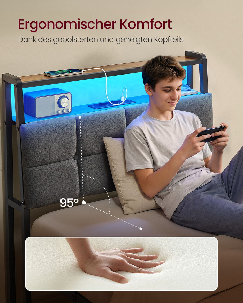 Metalen Bed - 90 x 200 cm - Met Opbergruimte - Ledverlichting - Matzwart