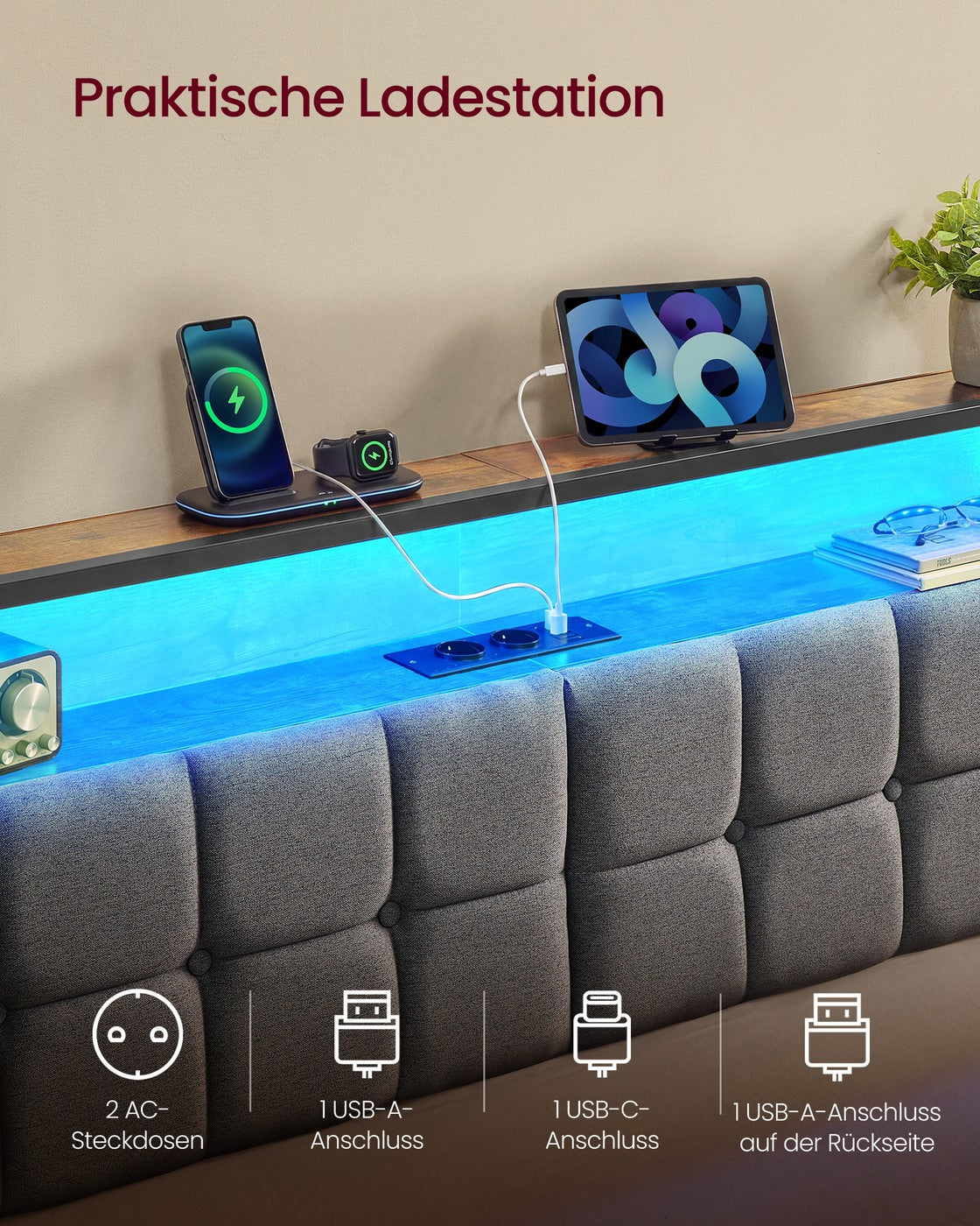 Metalen Bed - 90 x 200 cm - Met Opbergruimte - Ledverlichting - Matzwart
