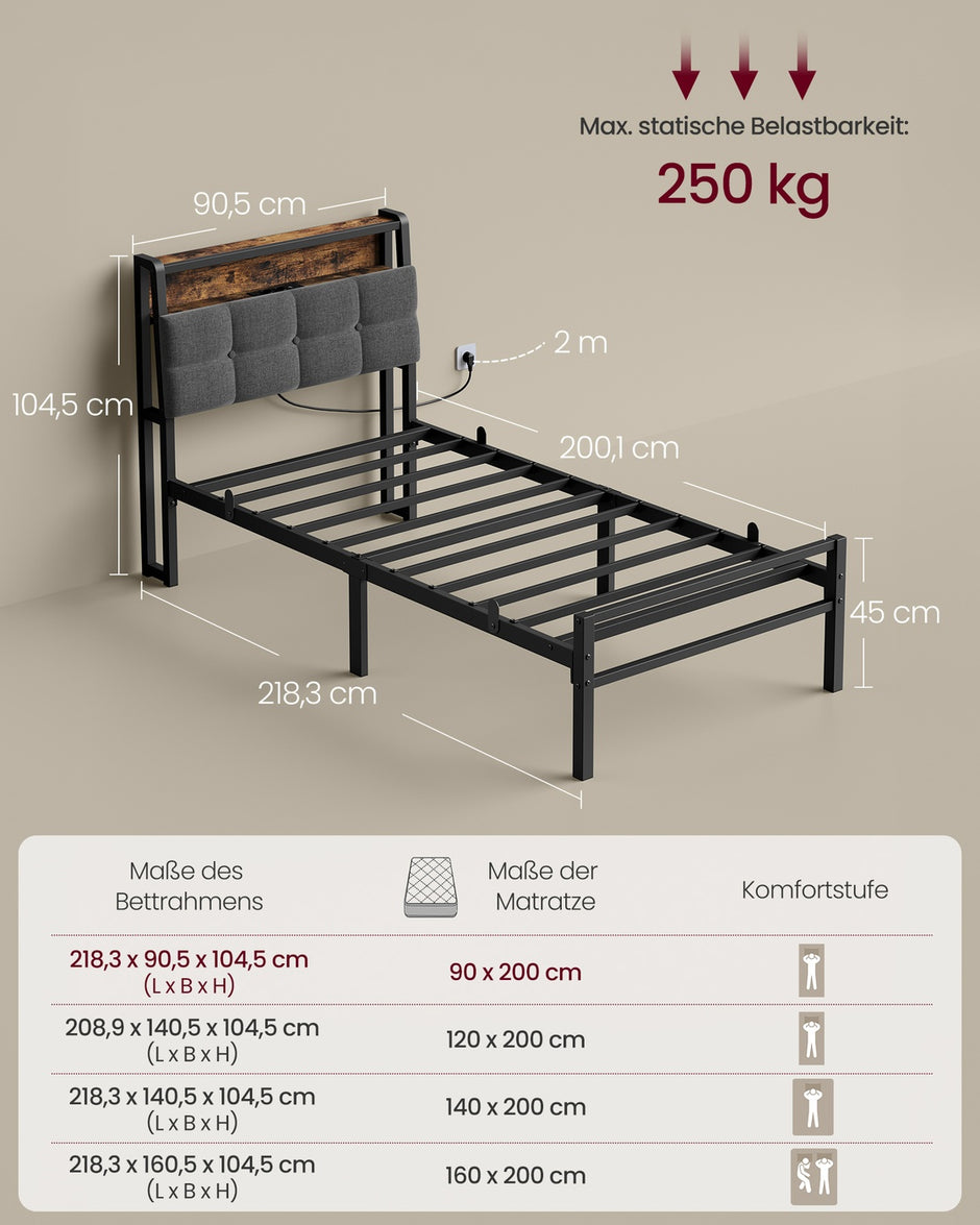 Metalen Bed - 90 x 200 cm - Met Opbergruimte - Ledverlichting - Matzwart