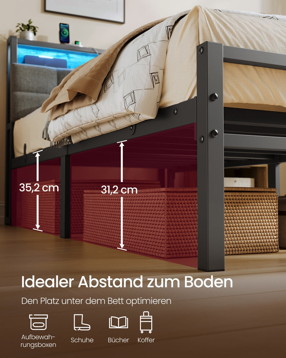 Metalen Bed - 90 x 200 cm - Met Opbergruimte - Ledverlichting - Matzwart