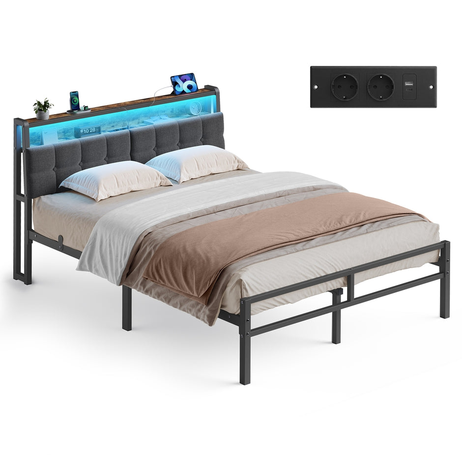 Metalen Bed - 140 x 200 cm - Met Opbergruimte - Ledverlichting - Matzwart