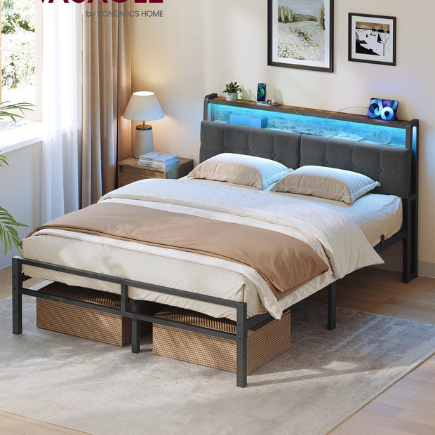 Metalen Bed - 140 x 200 cm - Met Opbergruimte - Ledverlichting - Matzwart