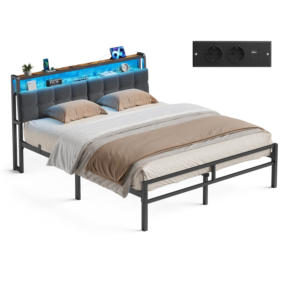 Metalen Bed - 160 x 200 cm - Met Opbergruimte - Ledverlichting - Matzwart