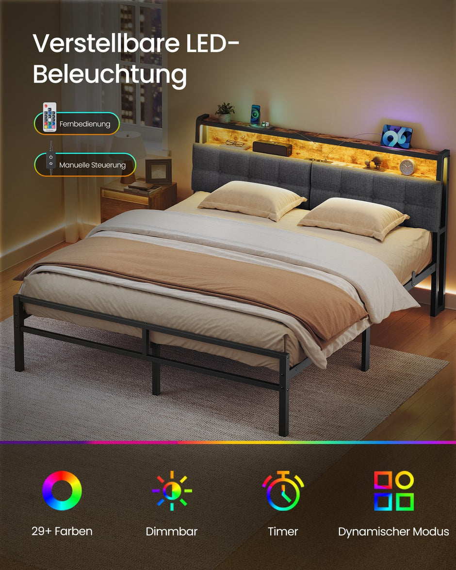 Metalen Bed - 160 x 200 cm - Met Opbergruimte - Ledverlichting - Matzwart