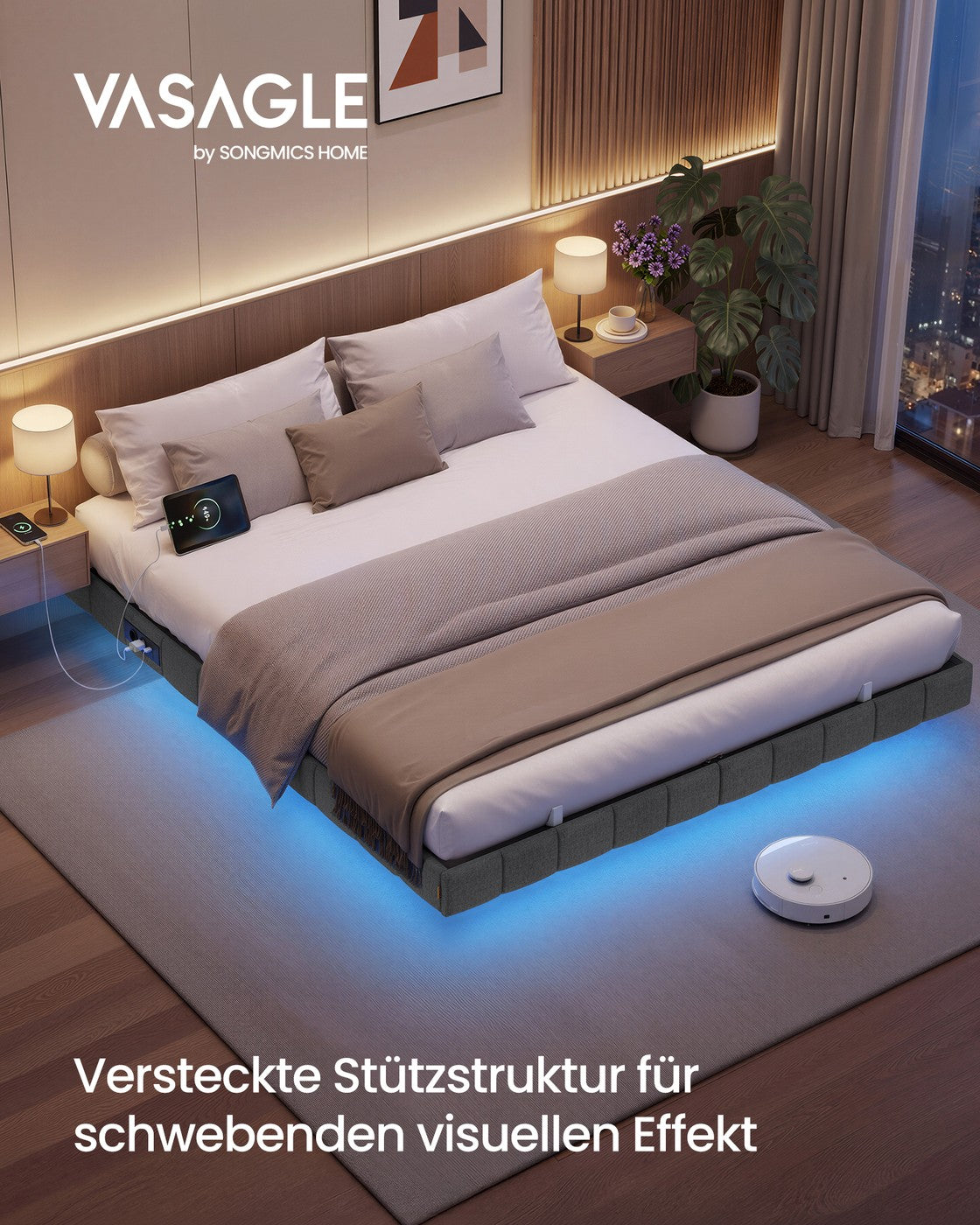 Bedframe - 200 x 160 x 26 cm - zwevend effect - ledverlichting - gestoffeerde zijpanelen - 2 stopcontacten - 2 USB-A-poorten - 1 USB-C-poort - leigrijs - draagvermogen tot 500 kg