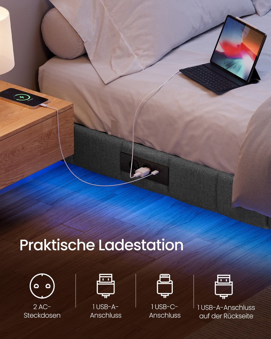 Bedframe - 200 x 160 x 26 cm - zwevend effect - ledverlichting - gestoffeerde zijpanelen - 2 stopcontacten - 2 USB-A-poorten - 1 USB-C-poort - leigrijs - draagvermogen tot 500 kg