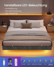 Bedframe - 200 x 160 x 26 cm - zwevend effect - ledverlichting - gestoffeerde zijpanelen - 2 stopcontacten - 2 USB-A-poorten - 1 USB-C-poort - leigrijs - draagvermogen tot 500 kg