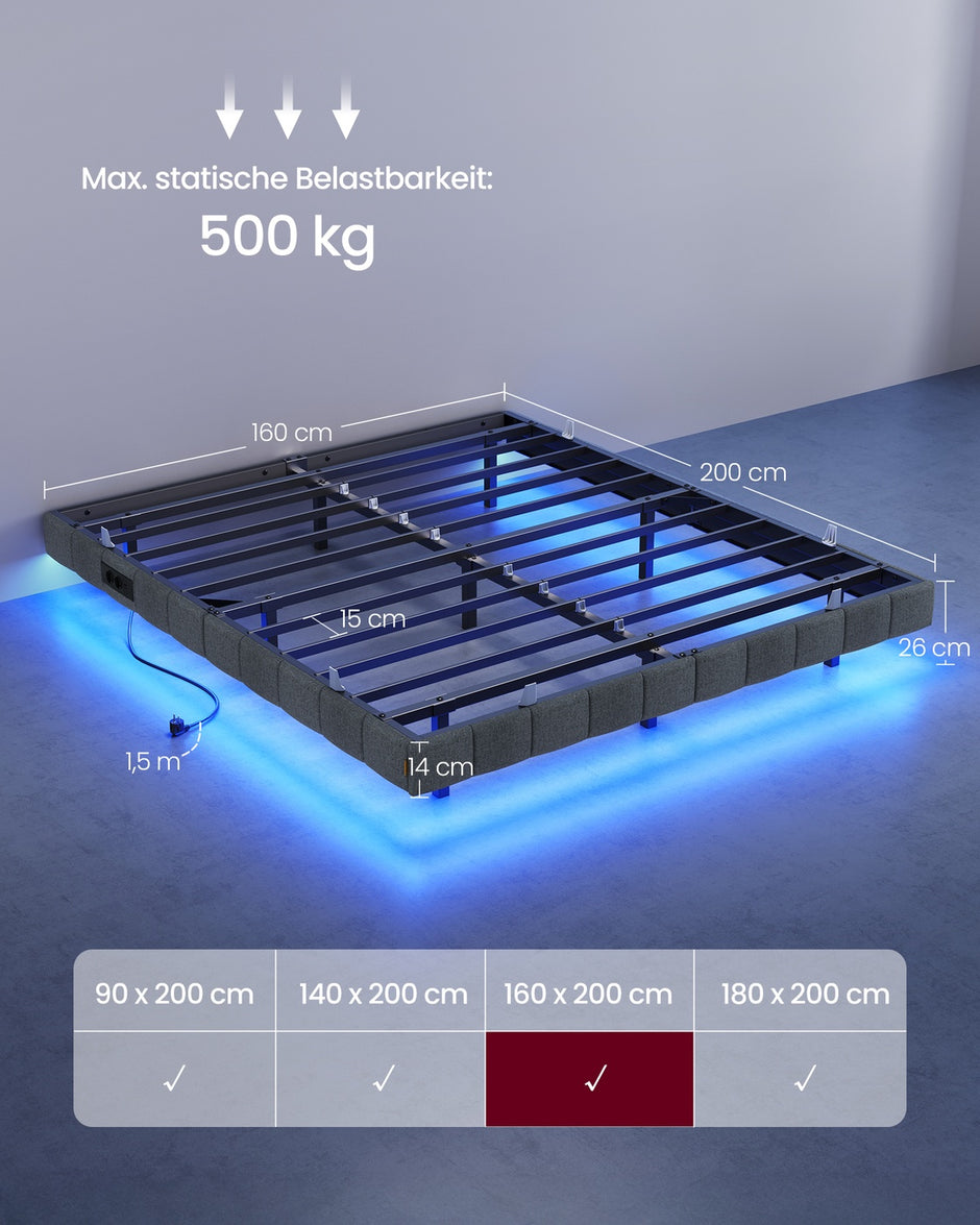 Bedframe - 200 x 160 x 26 cm - zwevend effect - ledverlichting - gestoffeerde zijpanelen - 2 stopcontacten - 2 USB-A-poorten - 1 USB-C-poort - leigrijs - draagvermogen tot 500 kg
