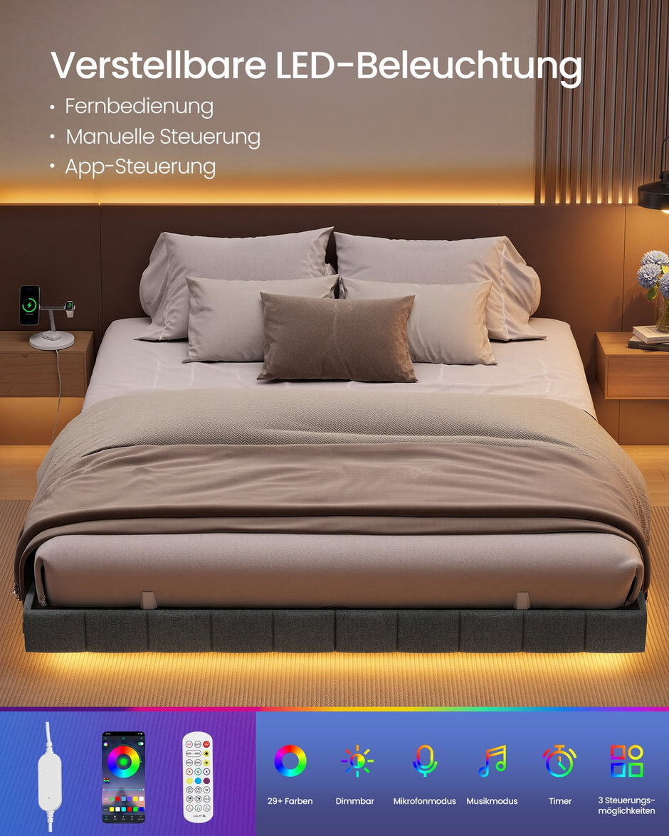 Bedframe - 180 x 200 cm - zwevend effect - ledverlichting - gestoffeerde zijpanelen - 2 stopcontacten - 2 USB-A-poorten - 1 USB-C-poort - leigrijs - maximale draagkracht 500 kg