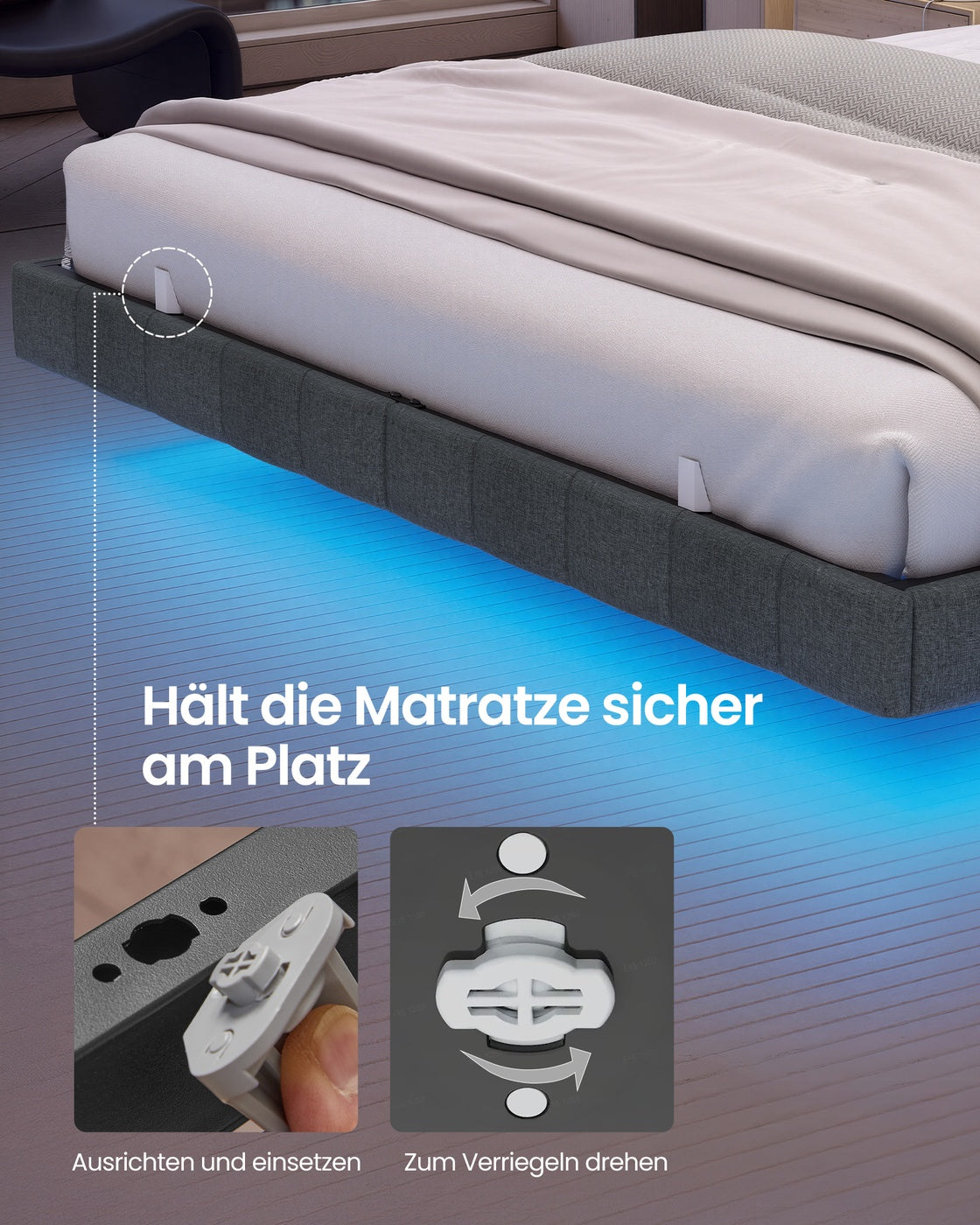 Bedframe - 180 x 200 cm - zwevend effect - ledverlichting - gestoffeerde zijpanelen - 2 stopcontacten - 2 USB-A-poorten - 1 USB-C-poort - leigrijs - maximale draagkracht 500 kg
