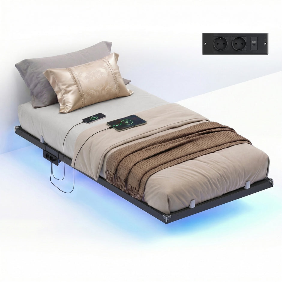 Bedframe - 200 x 90 x 26 cm - zwevend effect - ledverlichting - afneembaar stekkerblok - 2 stopcontacten - 1 USB-C-poort - 2 USB-A-poorten - inktzwart - maximaal draagvermogen 250 kg
