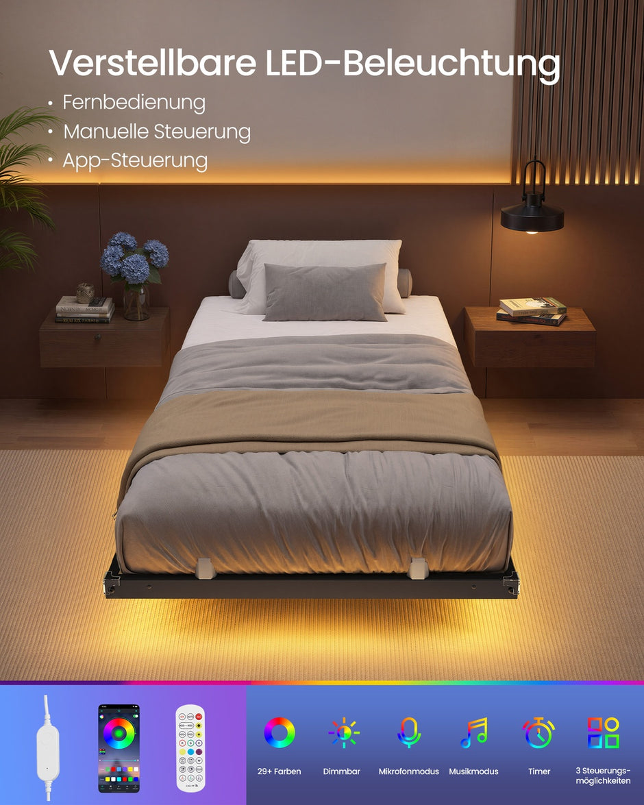 Bedframe - 200 x 90 x 26 cm - zwevend effect - ledverlichting - afneembaar stekkerblok - 2 stopcontacten - 1 USB-C-poort - 2 USB-A-poorten - inktzwart - maximaal draagvermogen 250 kg