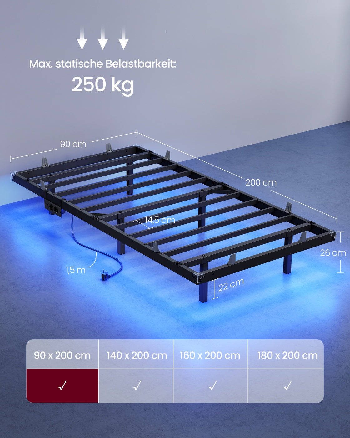 Bedframe - 200 x 90 x 26 cm - zwevend effect - ledverlichting - afneembaar stekkerblok - 2 stopcontacten - 1 USB-C-poort - 2 USB-A-poorten - inktzwart - maximaal draagvermogen 250 kg
