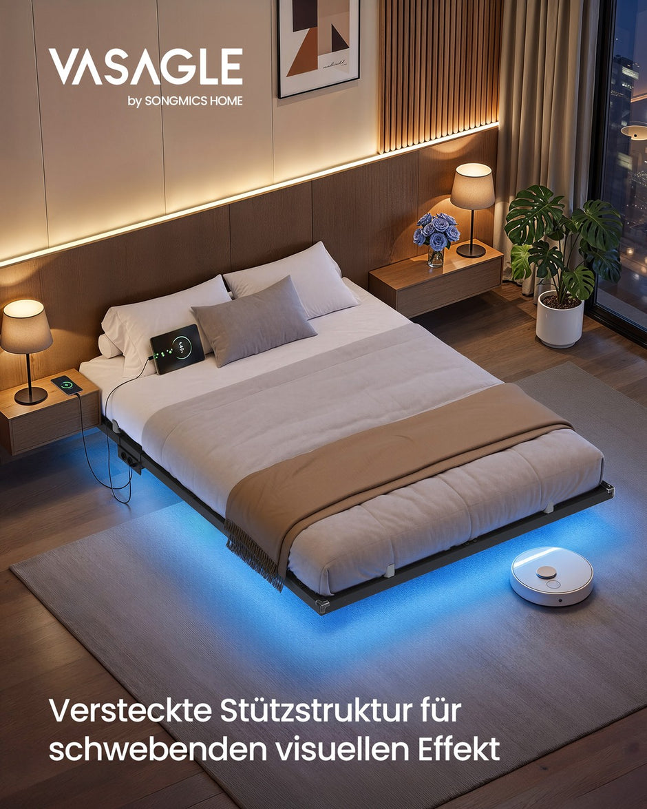 Bedframe - 200 x 140 x 26 cm - zwevend effect - ledverlichting - afneembare stekkerdoos met 2 stopcontacten, 1 USB-C-poort en 2 USB-A-poorten - maximaal draagvermogen 500 kg - inktzwart