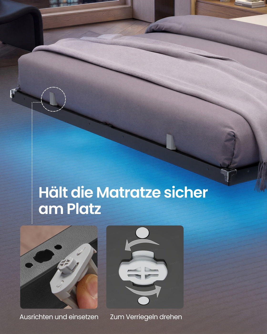 Bedframe - 200 x 140 x 26 cm - zwevend effect - ledverlichting - afneembare stekkerdoos met 2 stopcontacten, 1 USB-C-poort en 2 USB-A-poorten - maximaal draagvermogen 500 kg - inktzwart