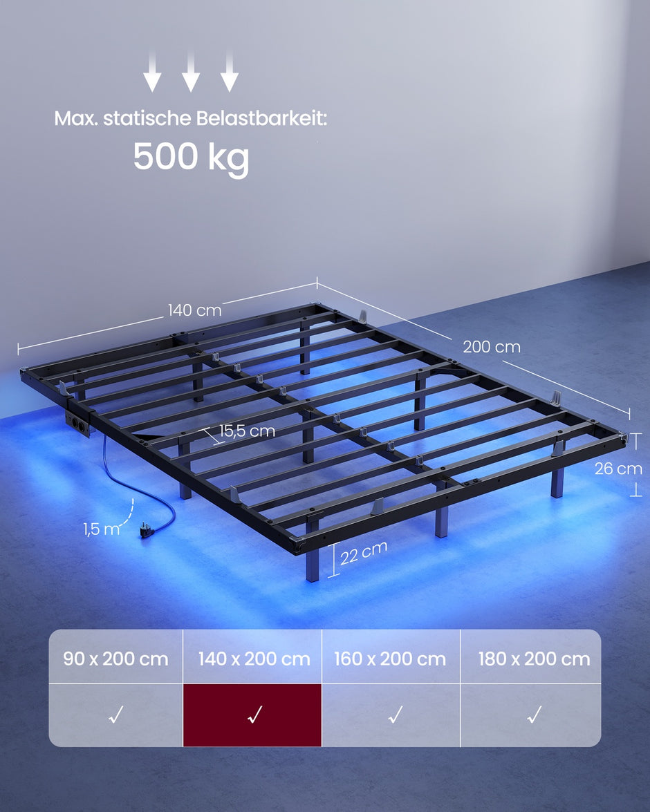 Bedframe - 200 x 140 x 26 cm - zwevend effect - ledverlichting - afneembare stekkerdoos met 2 stopcontacten, 1 USB-C-poort en 2 USB-A-poorten - maximaal draagvermogen 500 kg - inktzwart