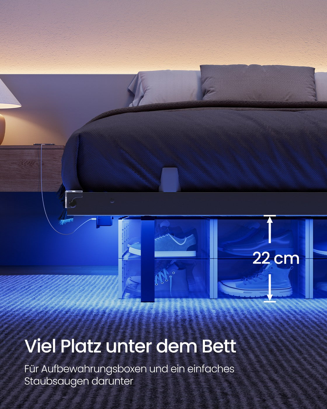 Bedframe - 200 x 140 x 26 cm - zwevend effect - ledverlichting - afneembare stekkerdoos met 2 stopcontacten, 1 USB-C-poort en 2 USB-A-poorten - maximaal draagvermogen 500 kg - inktzwart