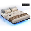 Bedframe - 160 x 200 cm - Zwevend effect - Ledverlichting - Afneembare stekkerdoos met 2 stopcontacten, 1 USB-C-poort en 2 USB-A-poorten - Inktzwart - Draagvermogen tot 500 kg