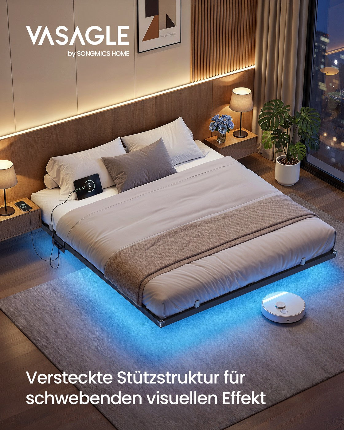 Bedframe - 160 x 200 cm - Zwevend effect - Ledverlichting - Afneembare stekkerdoos met 2 stopcontacten, 1 USB-C-poort en 2 USB-A-poorten - Inktzwart - Draagvermogen tot 500 kg