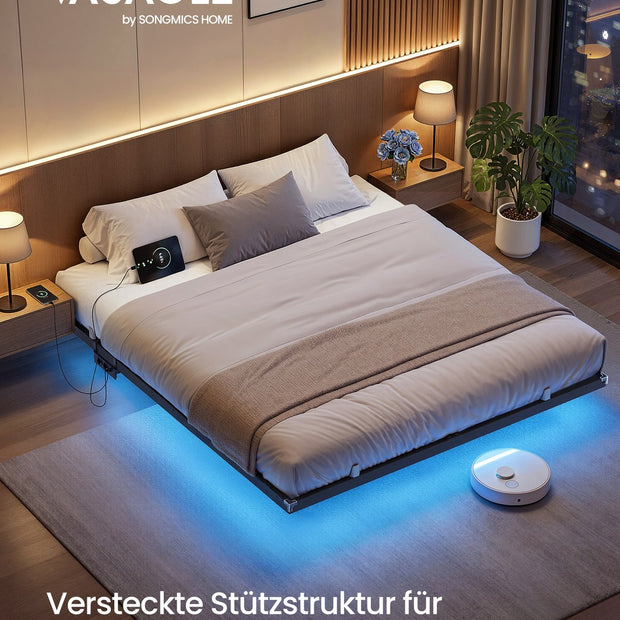Bedframe - 160 x 200 cm - Zwevend effect - Ledverlichting - Afneembare stekkerdoos met 2 stopcontacten, 1 USB-C-poort en 2 USB-A-poorten - Inktzwart - Draagvermogen tot 500 kg