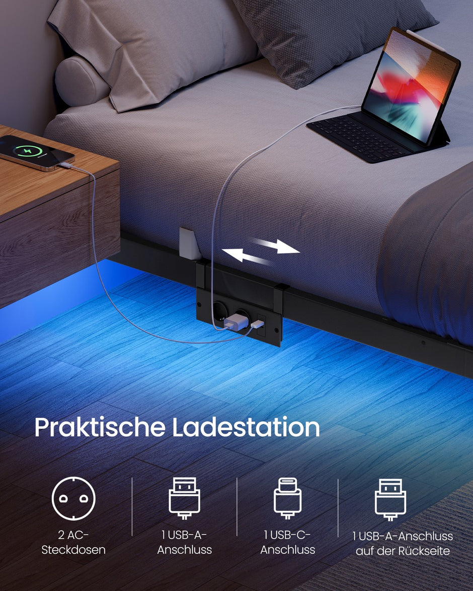 Bedframe - 160 x 200 cm - Zwevend effect - Ledverlichting - Afneembare stekkerdoos met 2 stopcontacten, 1 USB-C-poort en 2 USB-A-poorten - Inktzwart - Draagvermogen tot 500 kg