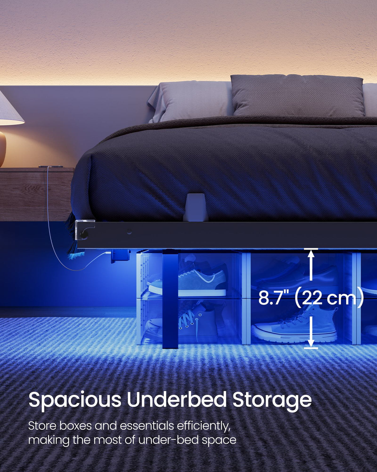 Bed Frame - Metal with LED and Charging Station