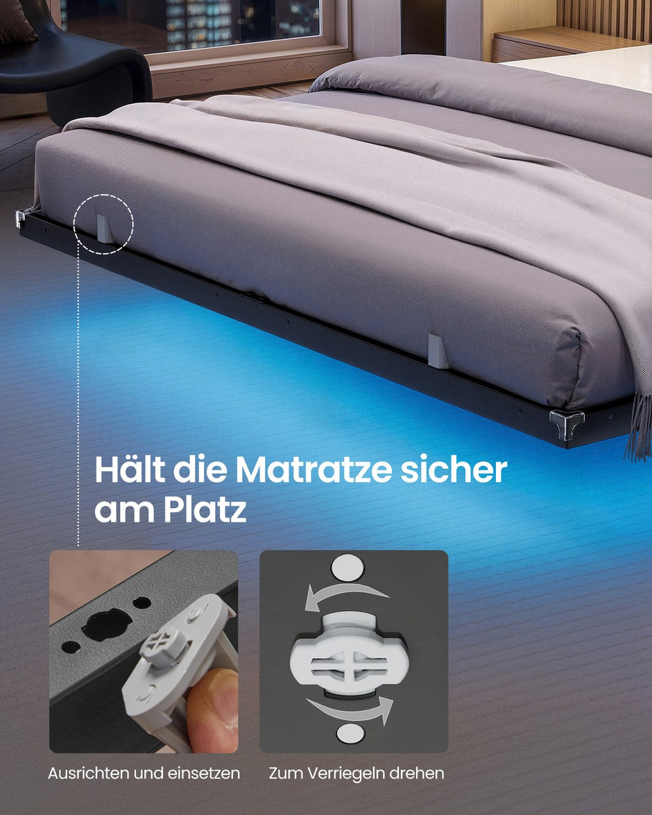 Bedframe - 180 x 200 cm - Zwevend effect - LED-verlichting - Afneembare stekkerdoos - 2 stopcontacten - 1 USB-C-poort - 2 USB-A-poorten - Inktzwart - Draagvermogen tot 500 kg