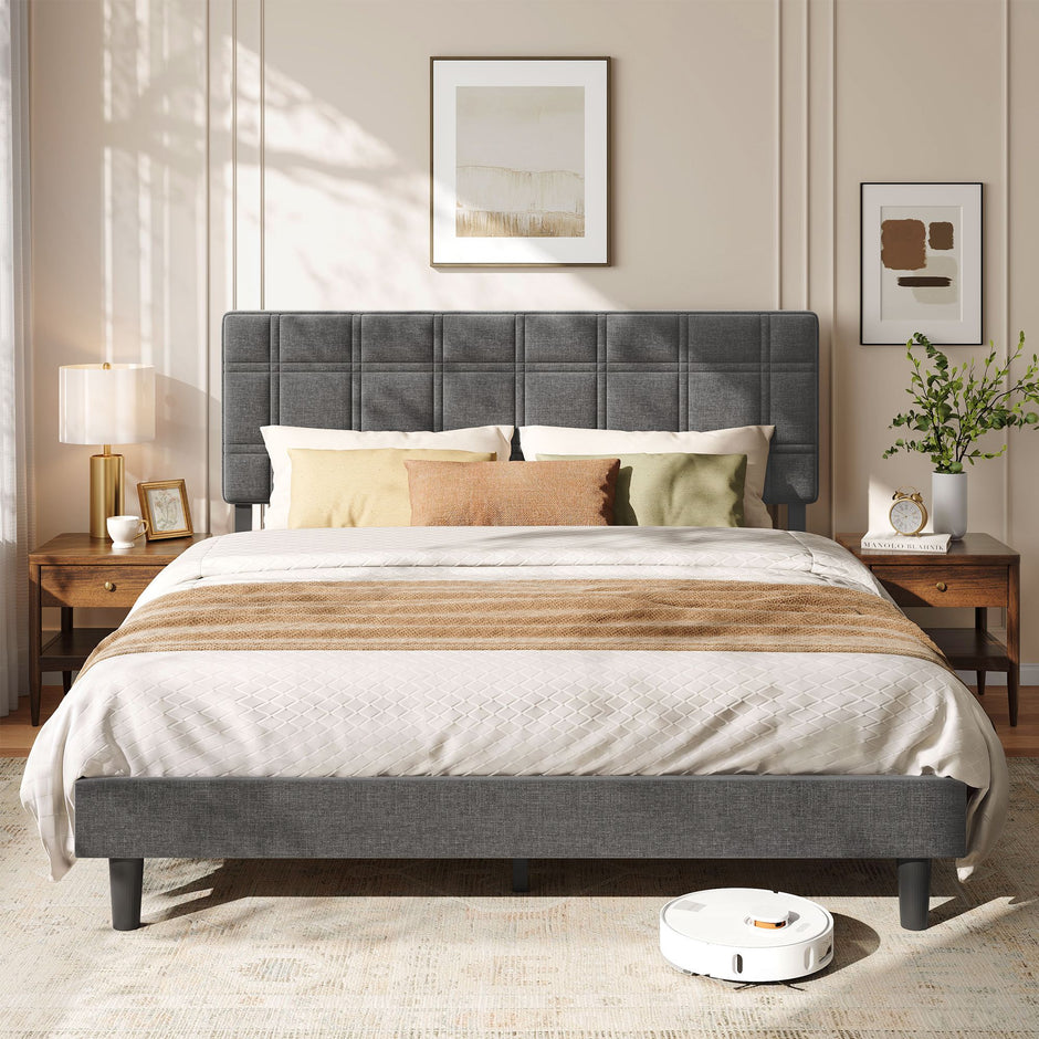 Gestoffeerd Bed 160 x 200 cm – Met Hoofdbord – Houten Lattenbodem – Geruisloos – Leigrijs