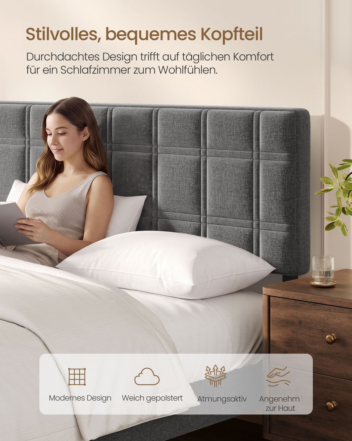 Gestoffeerd Bed 160 x 200 cm – Met Hoofdbord – Houten Lattenbodem – Geruisloos – Leigrijs
