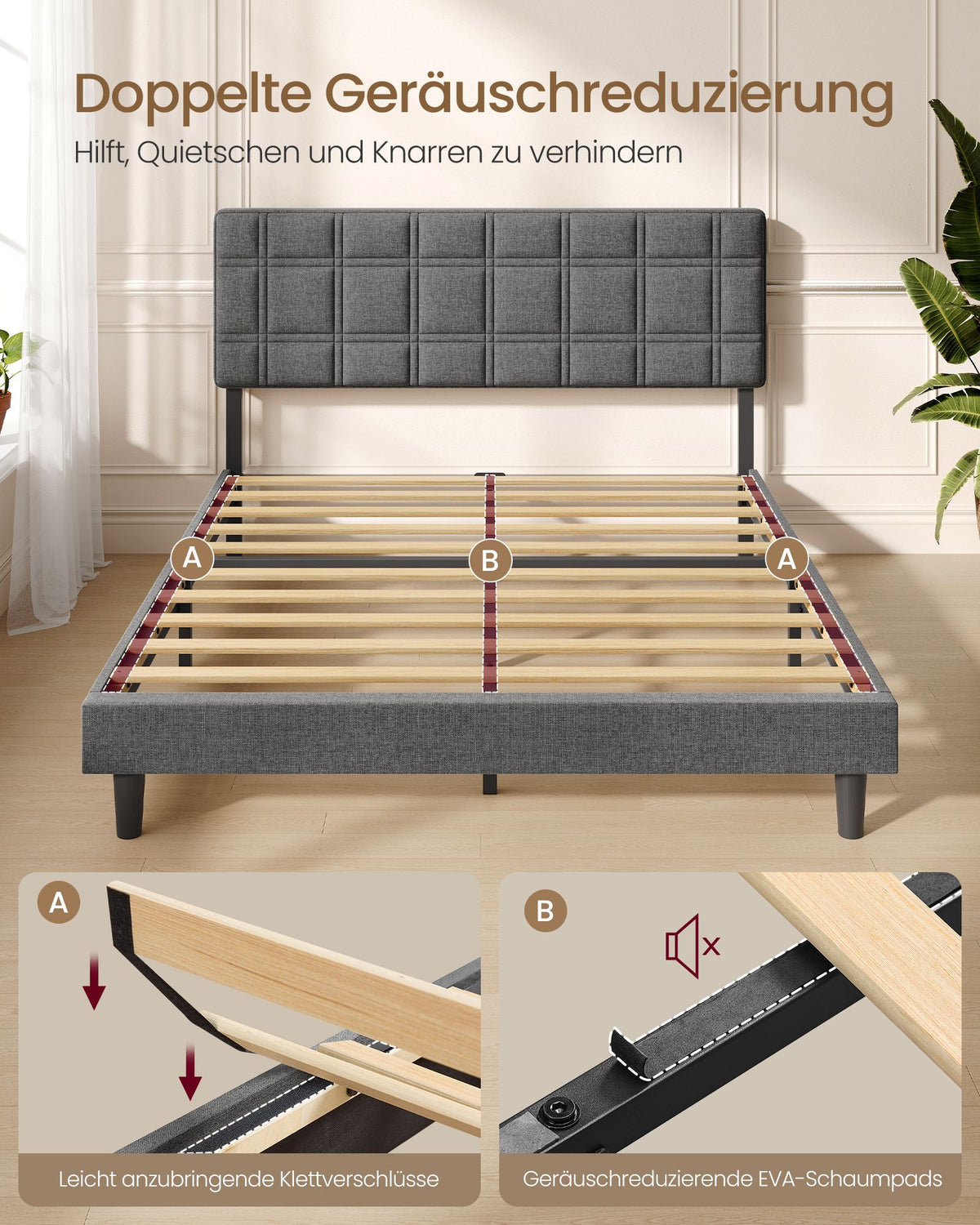 Gestoffeerd Bed 160 x 200 cm – Met Hoofdbord – Houten Lattenbodem – Geruisloos – Leigrijs