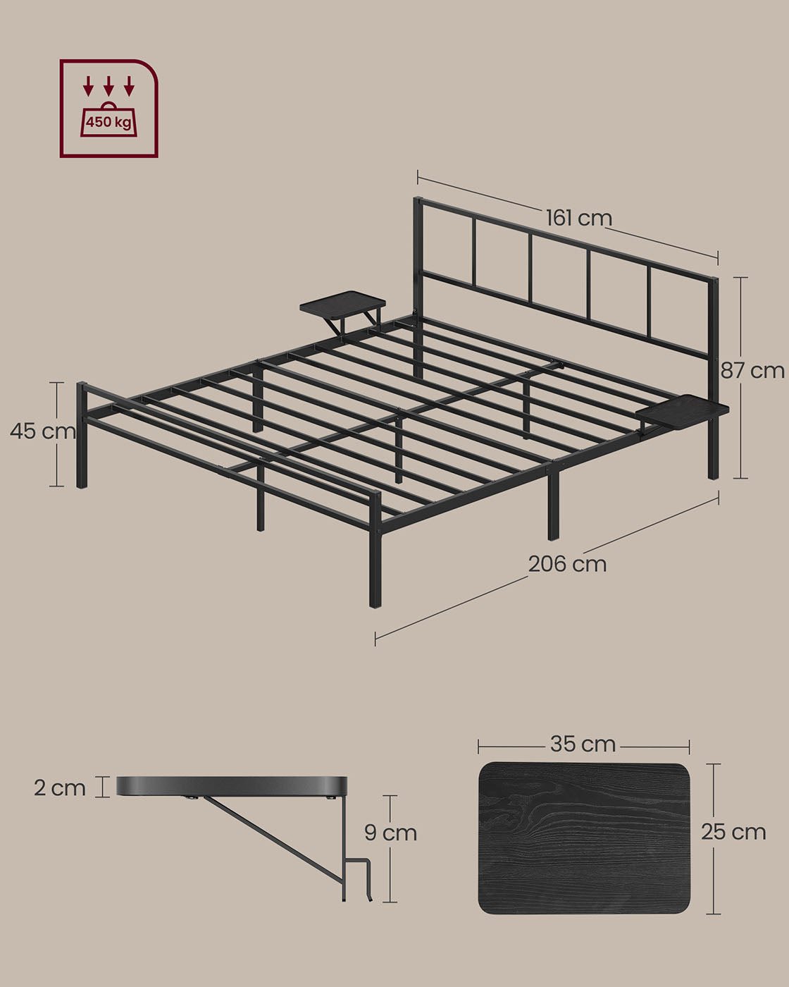Doppelbett -Rahmen 160 x 200 cm mit mattem schwarzem Kopfteil
