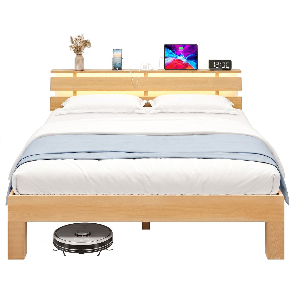 Bedframe - Van Massief Beukenhout - Hoofdbord met LED en USB - Naturel - 221,2 x 144,5 x 78 cm