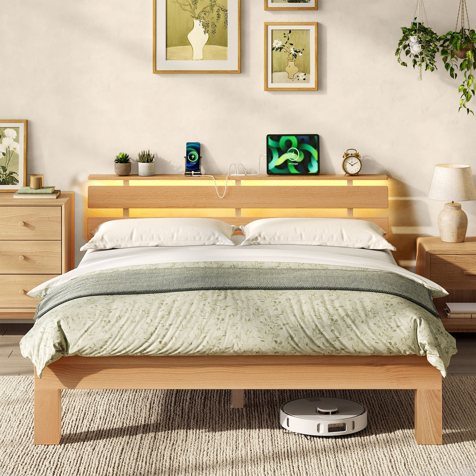 Bedframe - Van Massief Beukenhout - Hoofdbord met LED en USB - Naturel - 221,2 x 144,5 x 78 cm