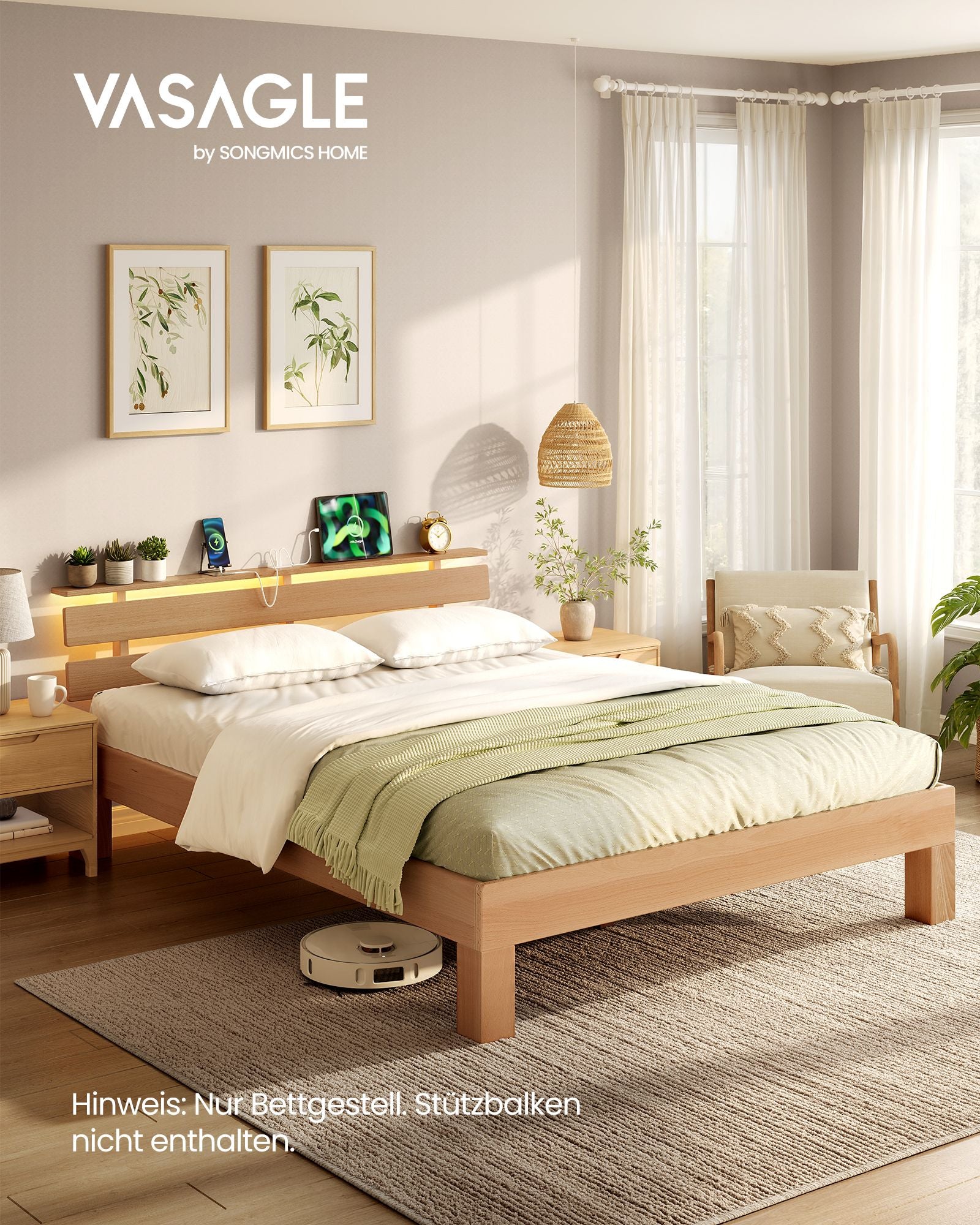 Bedframe - Van Massief Beukenhout - Hoofdbord met LED en USB - Naturel - 221,2 x 144,5 x 78 cm