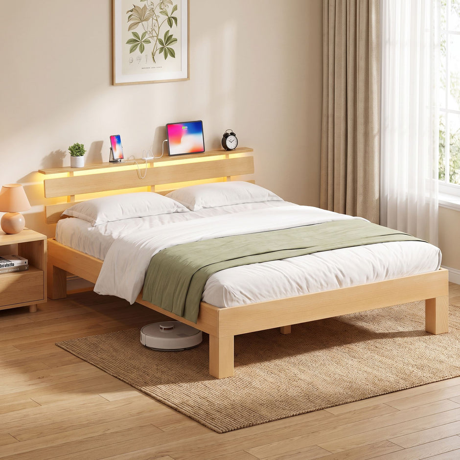 Bedframe - Van Massief Beukenhout - Hoofdbord met LED en USB - Naturel - 221,2 x 144,5 x 78 cm
