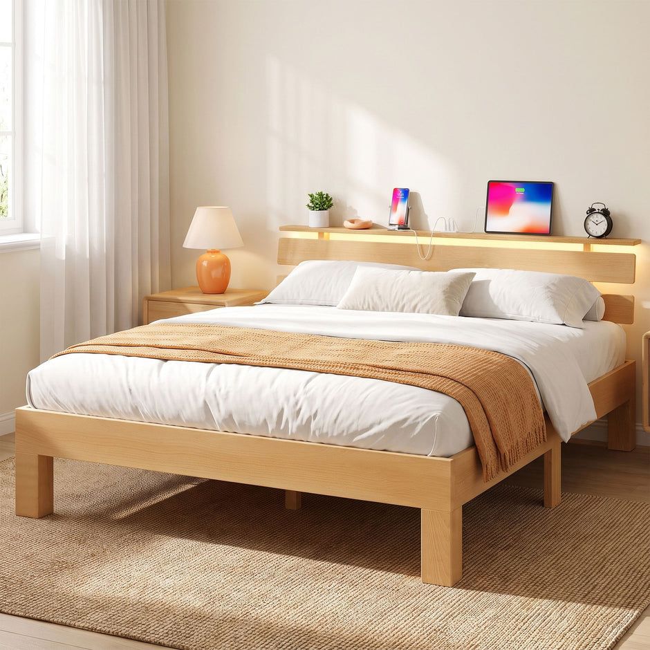 Bedframe - Van Massief Beukenhout - Hoofdbord met LED en USB - Naturel - 221,2 x 144,5 x 78 cm