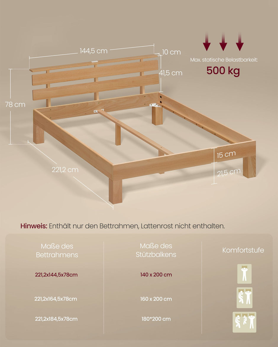 Bedframe - Van Massief Beukenhout - Hoofdbord met LED en USB - Naturel - 221,2 x 144,5 x 78 cm