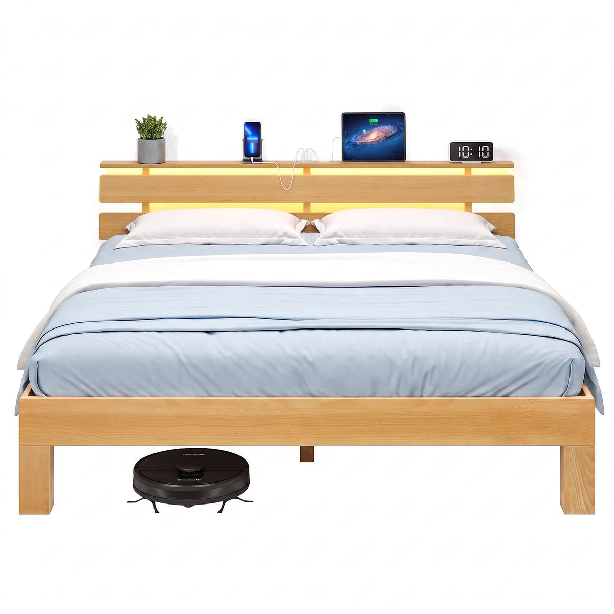 Bedframe - Van Massief Beukenhout - Hoofdbord met LED en USB - Naturel - 221,2 x 164,5 x 78 cm