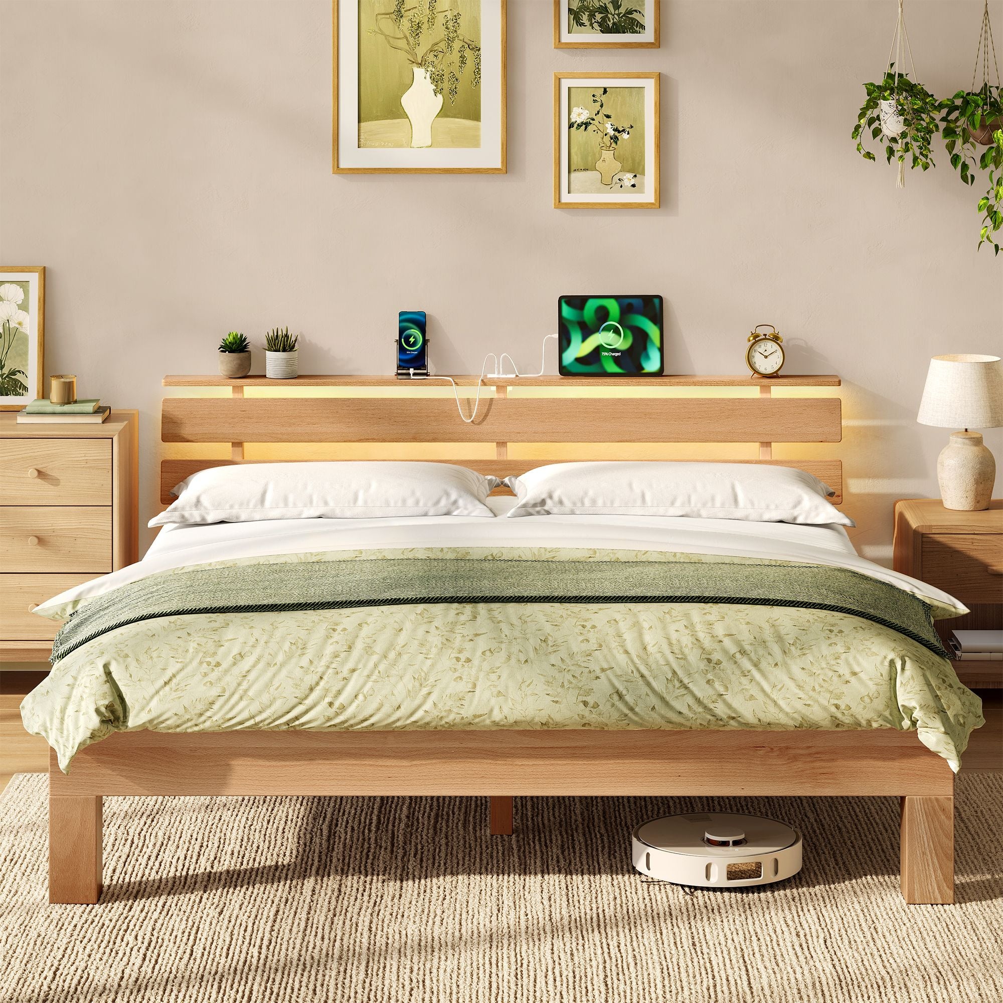 Bedframe - Van Massief Beukenhout - Hoofdbord met LED en USB - Naturel - 221,2 x 164,5 x 78 cm